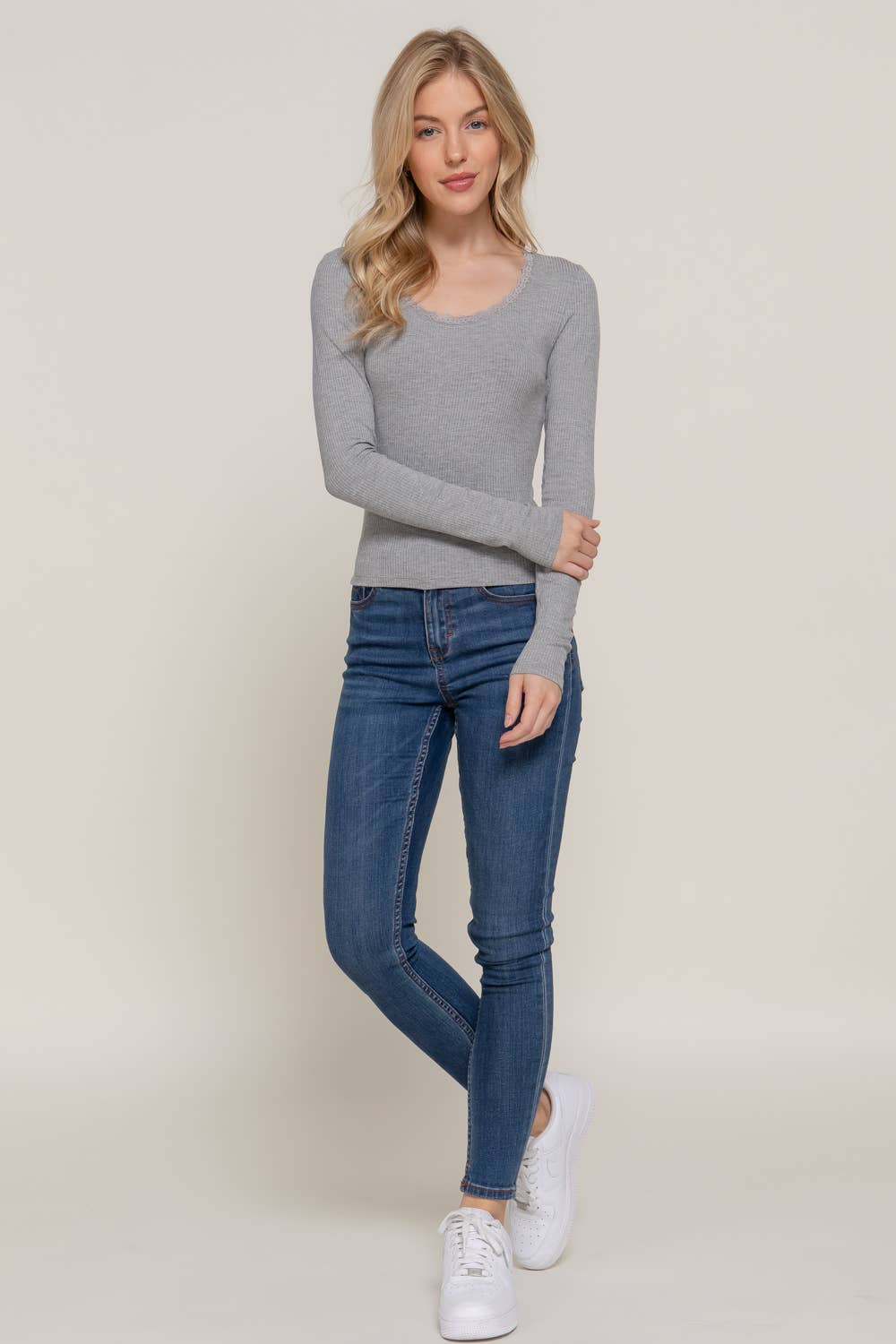 Long Sleeve Scoop Neck with Lace Trim Rib Knit Top - Cowhide and Conchos