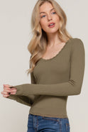 Long Sleeve Scoop Neck with Lace Trim Rib Knit Top - Cowhide and Conchos