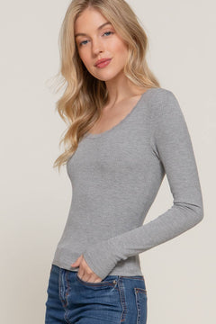 Long Sleeve Scoop Neck with Lace Trim Rib Knit Top - Cowhide and Conchos