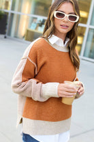 Loose Fit Color Block Textured Round Neck Sweater - Baked Ginger Medium available - Cowhide and Conchos