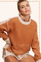 Loose Fit Color Block Textured Round Neck Sweater - Baked Ginger Medium available - Cowhide and Conchos