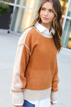 Loose Fit Color Block Textured Round Neck Sweater - Baked Ginger Medium available - Cowhide and Conchos