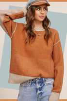 Loose Fit Color Block Textured Round Neck Sweater - Baked Ginger Medium available - Cowhide and Conchos