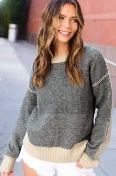 Loose Fit Color Block Textured Round Neck Sweater - Baked Ginger Medium available - Cowhide and Conchos