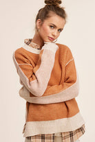 Loose Fit Color Block Textured Round Neck Sweater - Baked Ginger Medium available - Cowhide and Conchos