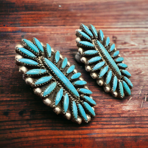 Lorena Peina Turquoise Needle Point Earrings - Cowhide and Conchos