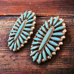 Lorena Peina Turquoise Needle Point Earrings - Cowhide and Conchos