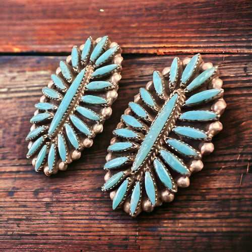 Lorena Peina Turquoise Needle Point Earrings - Cowhide and Conchos
