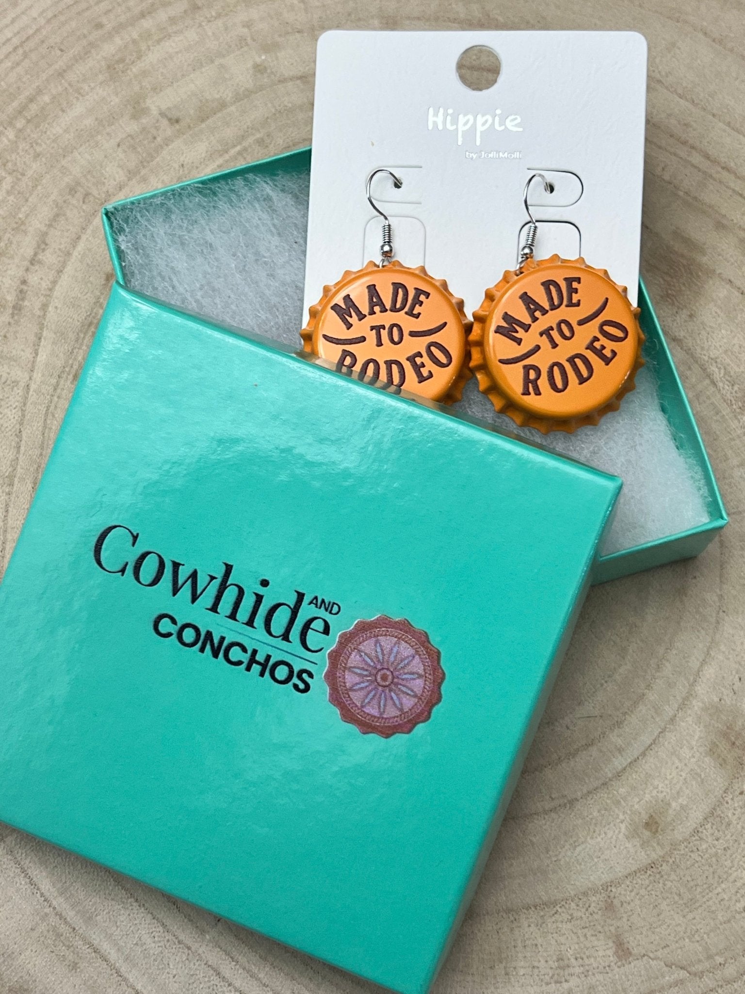Made to Rodeo Beer Cap Fashion Earrings - Cowhide and Conchos