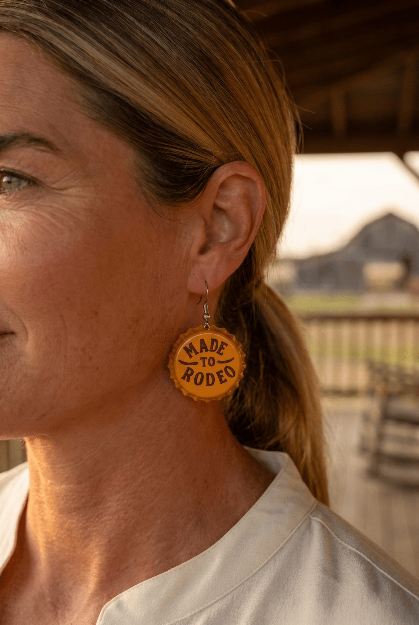 Made to Rodeo Beer Cap Western Earrings — Playful Rodeo Statement - Cowhide and Conchos