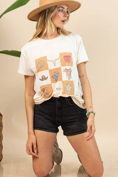 Maggie Western Elements Checker Graphic Relaxed fit T-shirt - Cowhide and Conchos