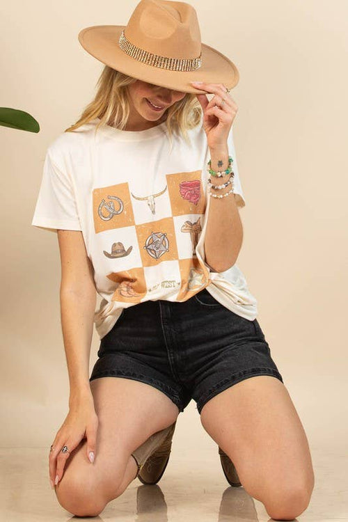 Maggie Western Elements Checker Graphic Relaxed fit T-shirt - Cowhide and Conchos