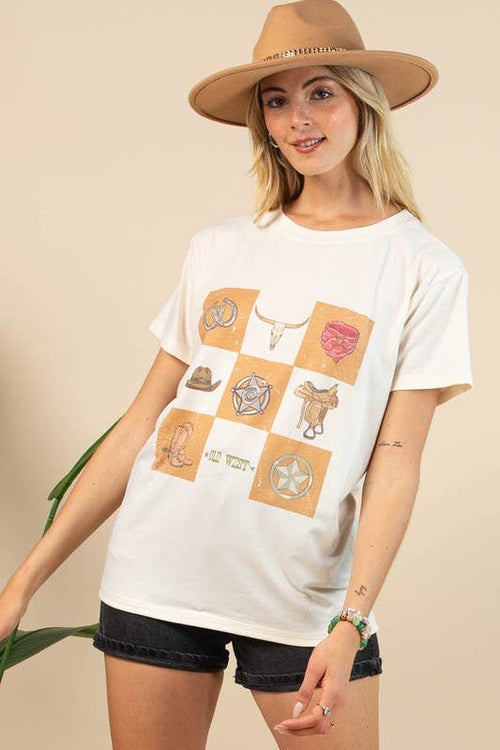 Maggie Western Elements Checker Graphic Relaxed fit T-shirt - Cowhide and Conchos