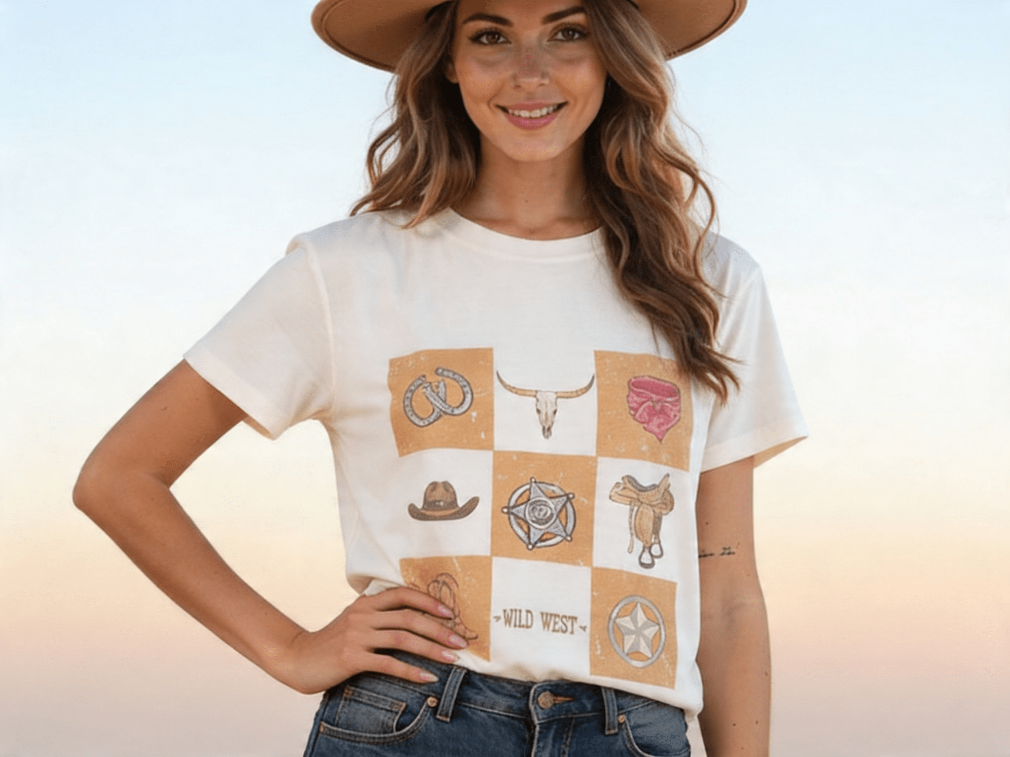 Maggie Western Elements Retro Checker Graphic Tee – Relaxed Fit - Cowhide and Conchos