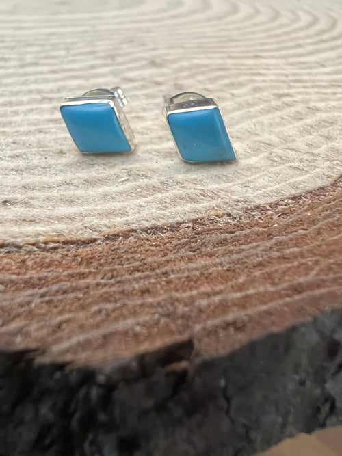 Maryann Nelia Zuni Handmade Sterling Kingman Turquoise Stud Earrings - Cowhide and Conchos