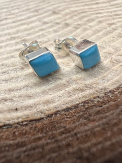 Maryann Nelia Zuni Handmade Sterling Kingman Turquoise Stud Earrings - Cowhide and Conchos