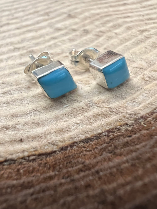 Maryann Nelia Zuni Handmade Sterling Kingman Turquoise Stud Earrings - Cowhide and Conchos