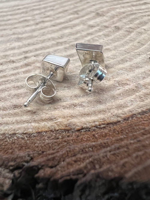 Maryann Nelia Zuni Handmade Sterling Kingman Turquoise Stud Earrings - Cowhide and Conchos