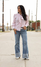 Mauve Stripe Long Sleeve Bow Tie Top - Cowhide and Conchos