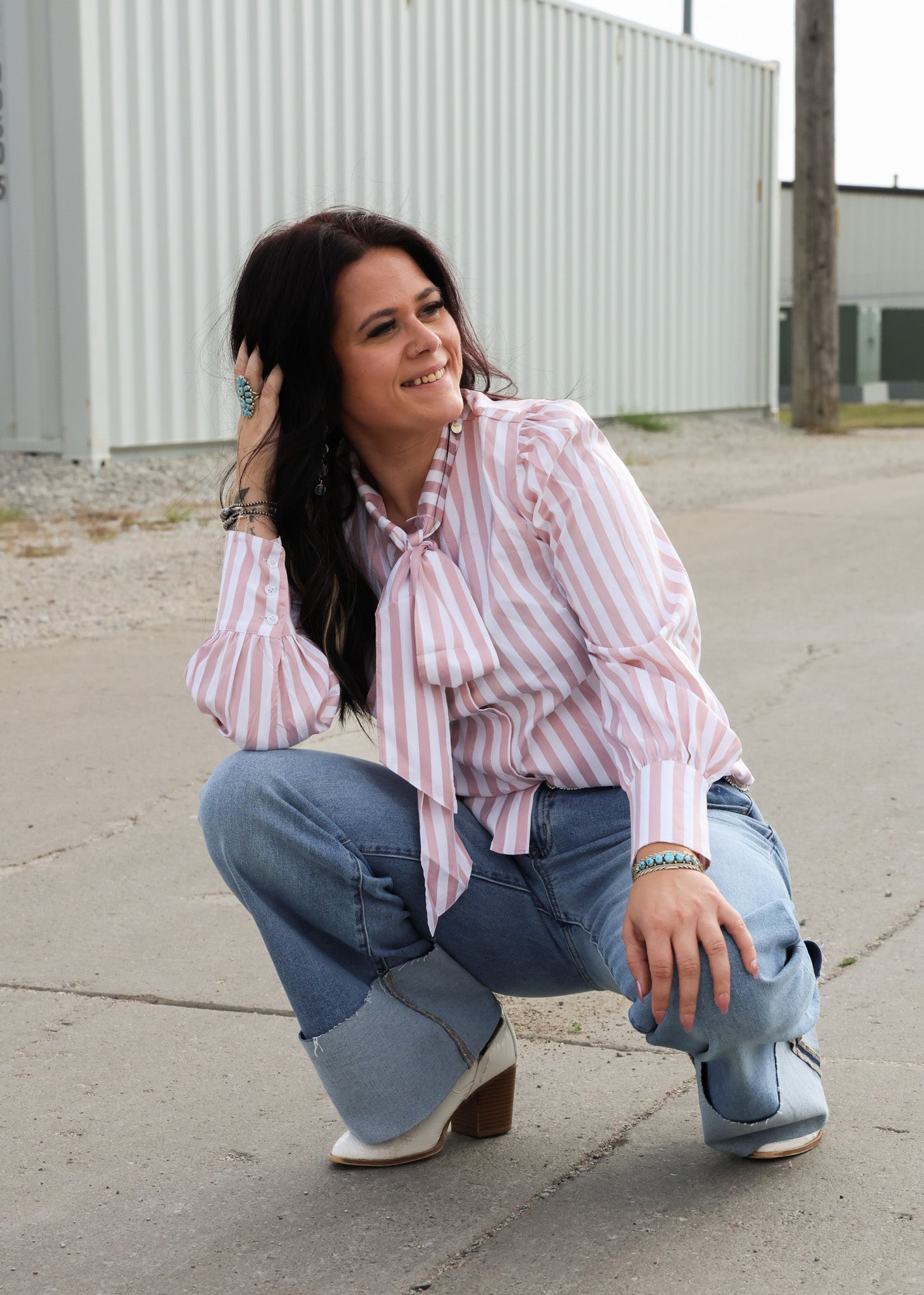 Mauve Stripe Long Sleeve Bow Tie Top - Cowhide and Conchos