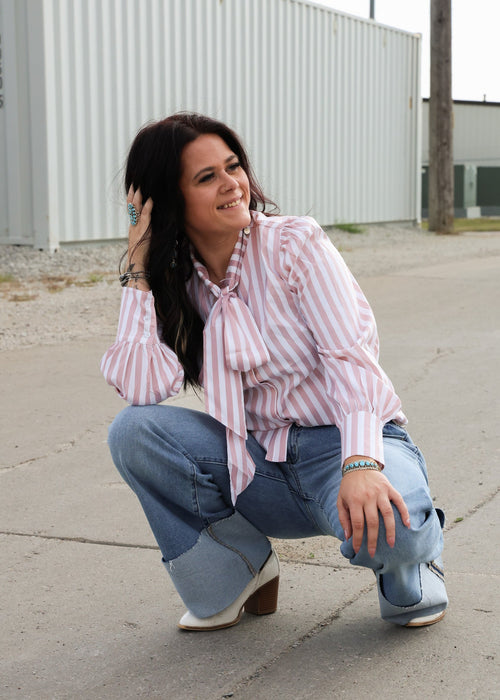 Mauve Stripe Long Sleeve Bow Tie Top - Cowhide and Conchos