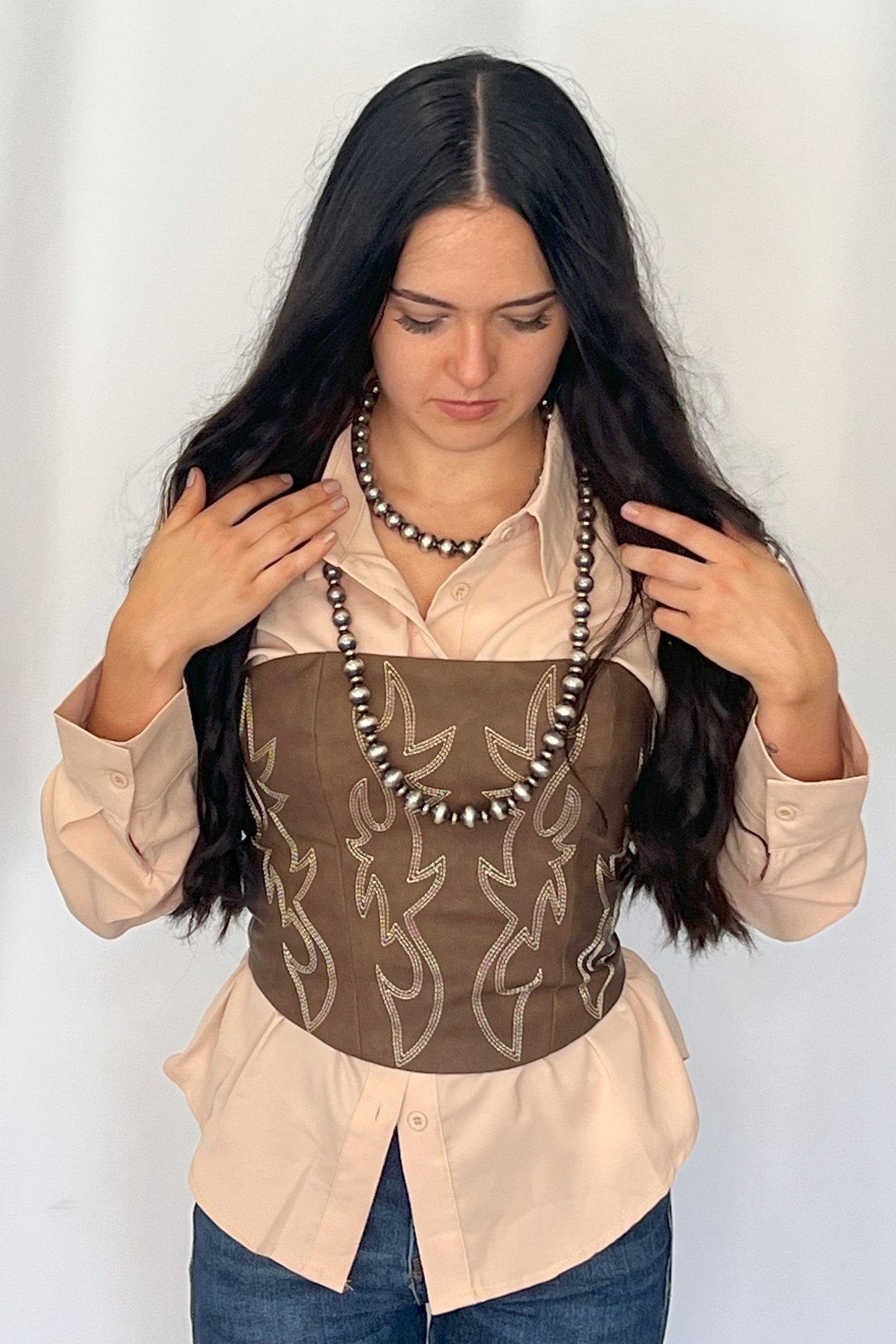 Mercedes Beige Button Down Shirt - Cowhide and Conchos