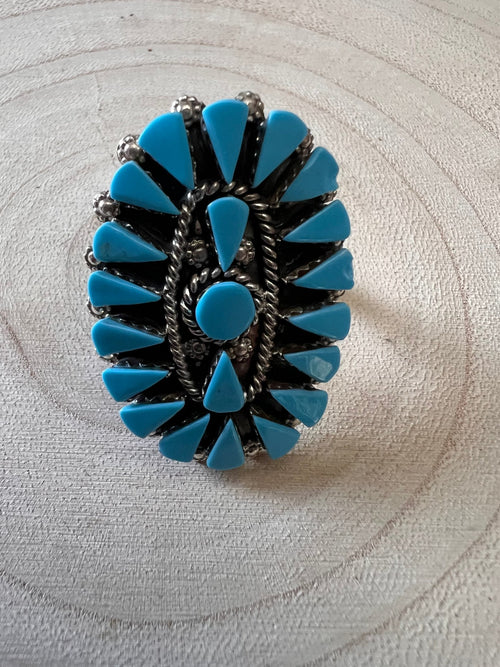 Merlinda Chavez Turquoise & Sterling Silver Ring - Size 9 - Cowhide and Conchos