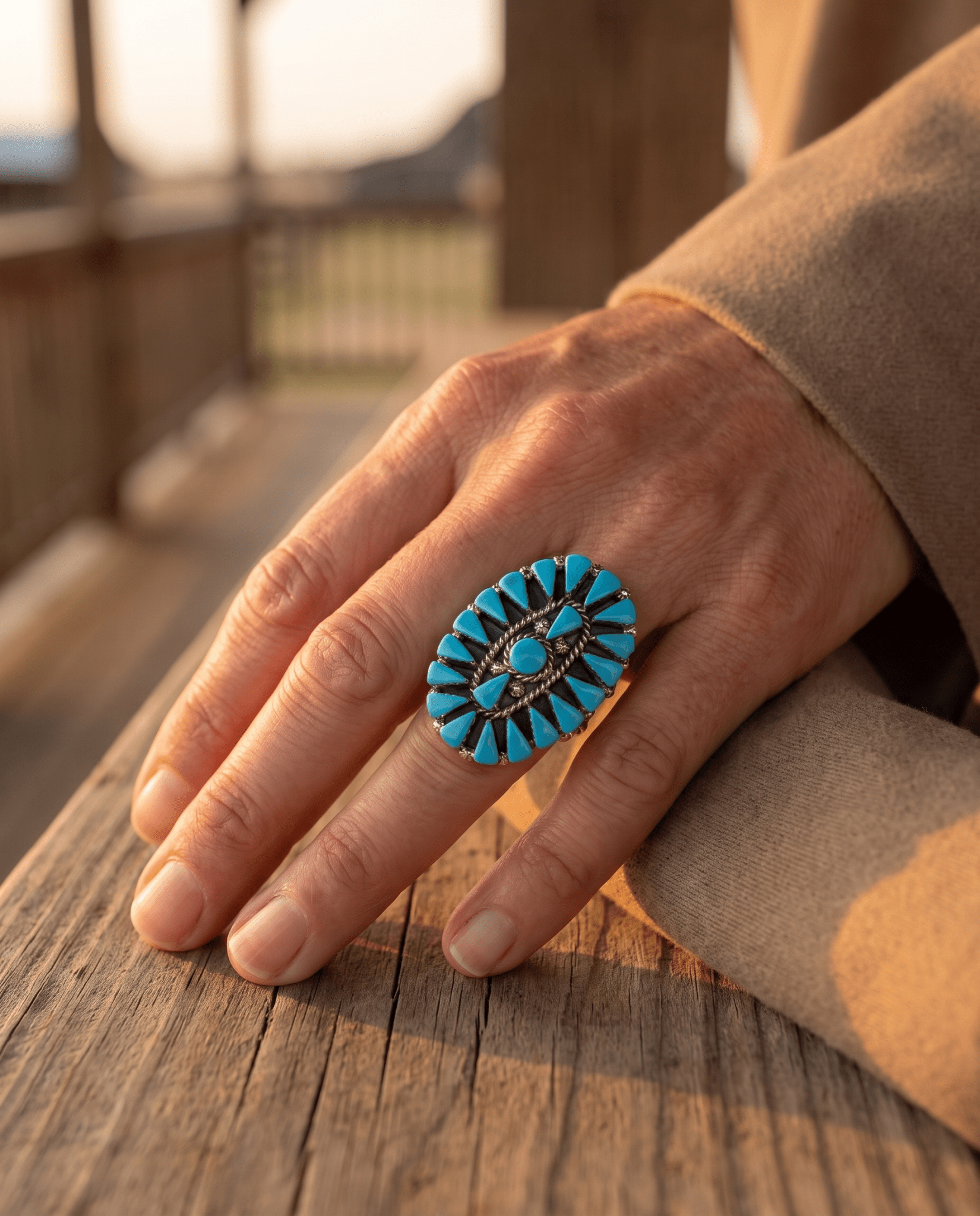 Merlinda Chavez Zuni Sterling Silver Statement Ring with Turquoise — Size 9 (Hallmark "D&M Chavez, Zuni") - Cowhide and Conchos