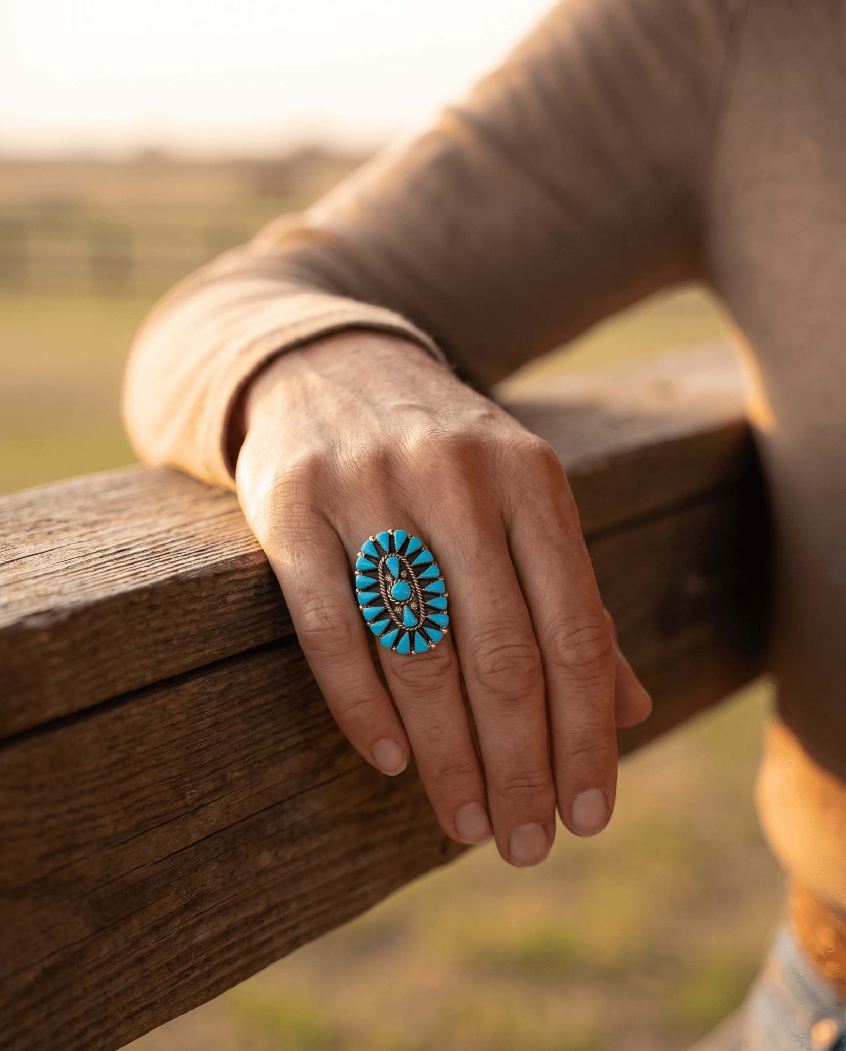 Merlinda Chavez Zuni Sterling Silver Statement Ring with Turquoise — Size 9 (Hallmark "D&M Chavez, Zuni") - Cowhide and Conchos
