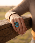 Merlinda Chavez Zuni Sterling Silver Statement Ring with Turquoise — Size 9 (Hallmark "D&M Chavez, Zuni") - Cowhide and Conchos