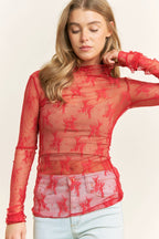 Mesh Lace High Neck Design Long Sleeve Fitted Top - Cowhide and Conchos