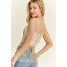 Mesh Lace High Neck Design Long Sleeve Fitted Top - Beige - Cowhide and Conchos
