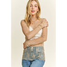 Mesh Lace High Neck Design Long Sleeve Fitted Top - Beige - Cowhide and Conchos