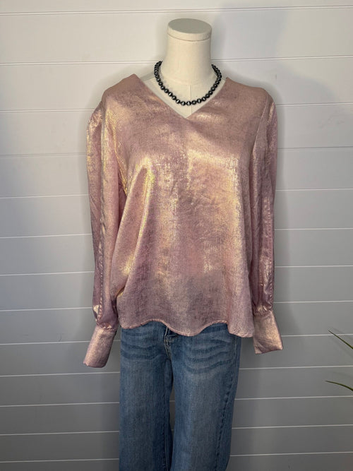 Metallic Long Sleeve Blouse - Cowhide and Conchos