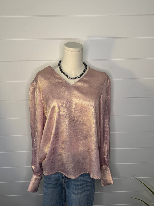 Metallic Long Sleeve Blouse - Cowhide and Conchos