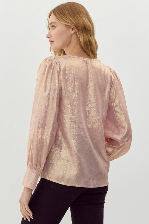 Metallic Long Sleeve Blouse - Cowhide and Conchos