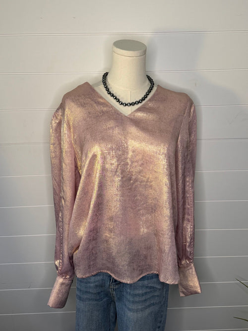 Metallic Long Sleeve Blouse - Cowhide and Conchos