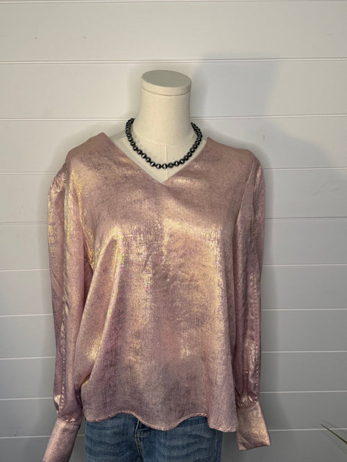 Metallic Long Sleeve Blouse - Cowhide and Conchos