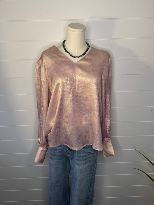 Metallic Long Sleeve Blouse - Cowhide and Conchos