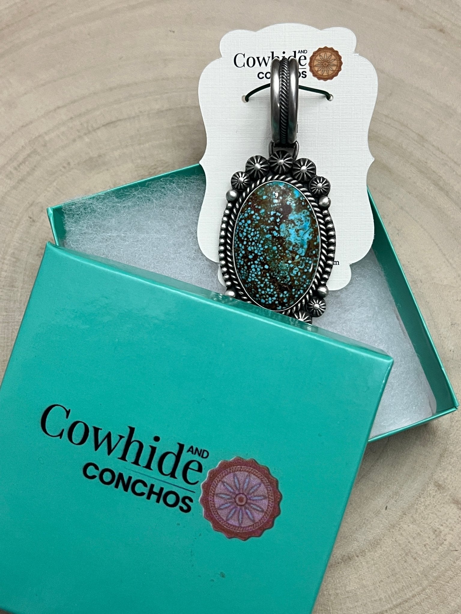 Michael Calladitto Navajo Sterling Silver Pendant with Kingman Turquoise — 3" × 1 1/4" (Hallmarked, Heirloom Flagship) - Cowhide and Conchos