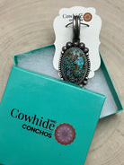 Michael Calladitto Navajo Sterling Silver Pendant with Kingman Turquoise — 3" × 1 1/4" (Hallmarked, Heirloom Flagship) - Cowhide and Conchos