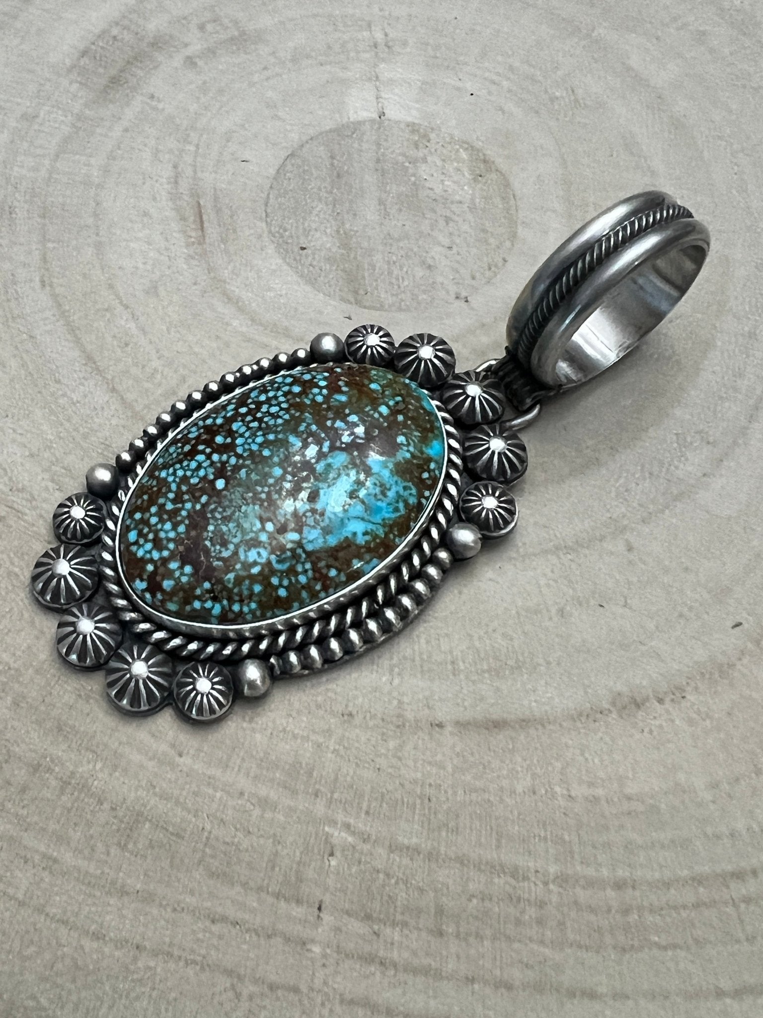 Michael Calladitto Navajo Sterling Silver Pendant with Kingman Turquoise — 3" × 1 1/4" (Hallmarked, Heirloom Flagship) - Cowhide and Conchos