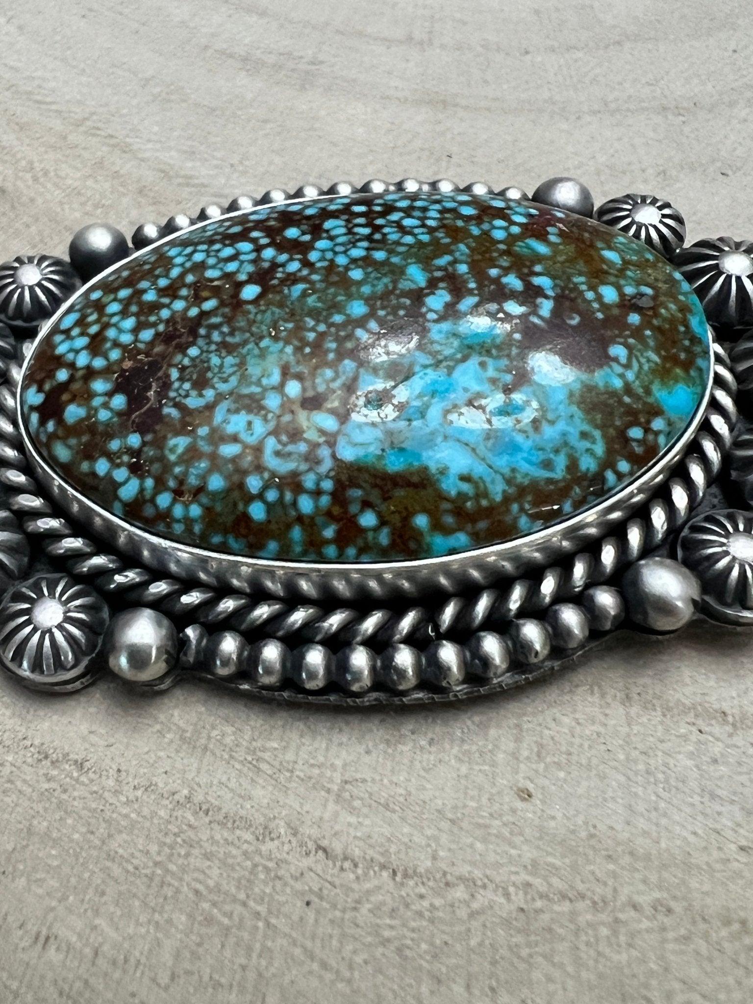 Michael Calladitto Navajo Sterling Silver Pendant with Kingman Turquoise — 3" × 1 1/4" (Hallmarked, Heirloom Flagship) - Cowhide and Conchos