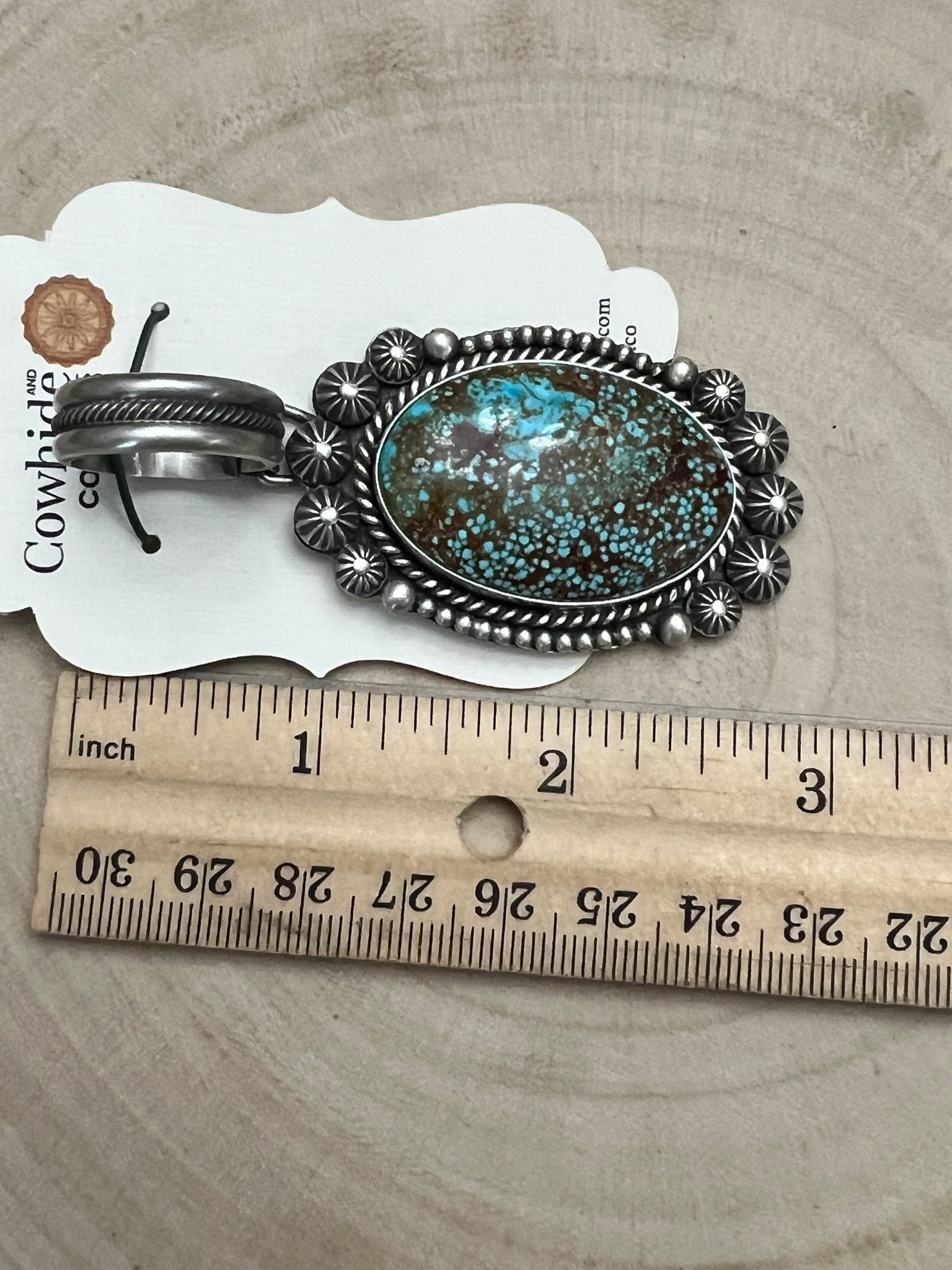 Michael Calladitto Navajo Sterling Silver Pendant with Kingman Turquoise — 3" × 1 1/4" (Hallmarked, Heirloom Flagship) - Cowhide and Conchos