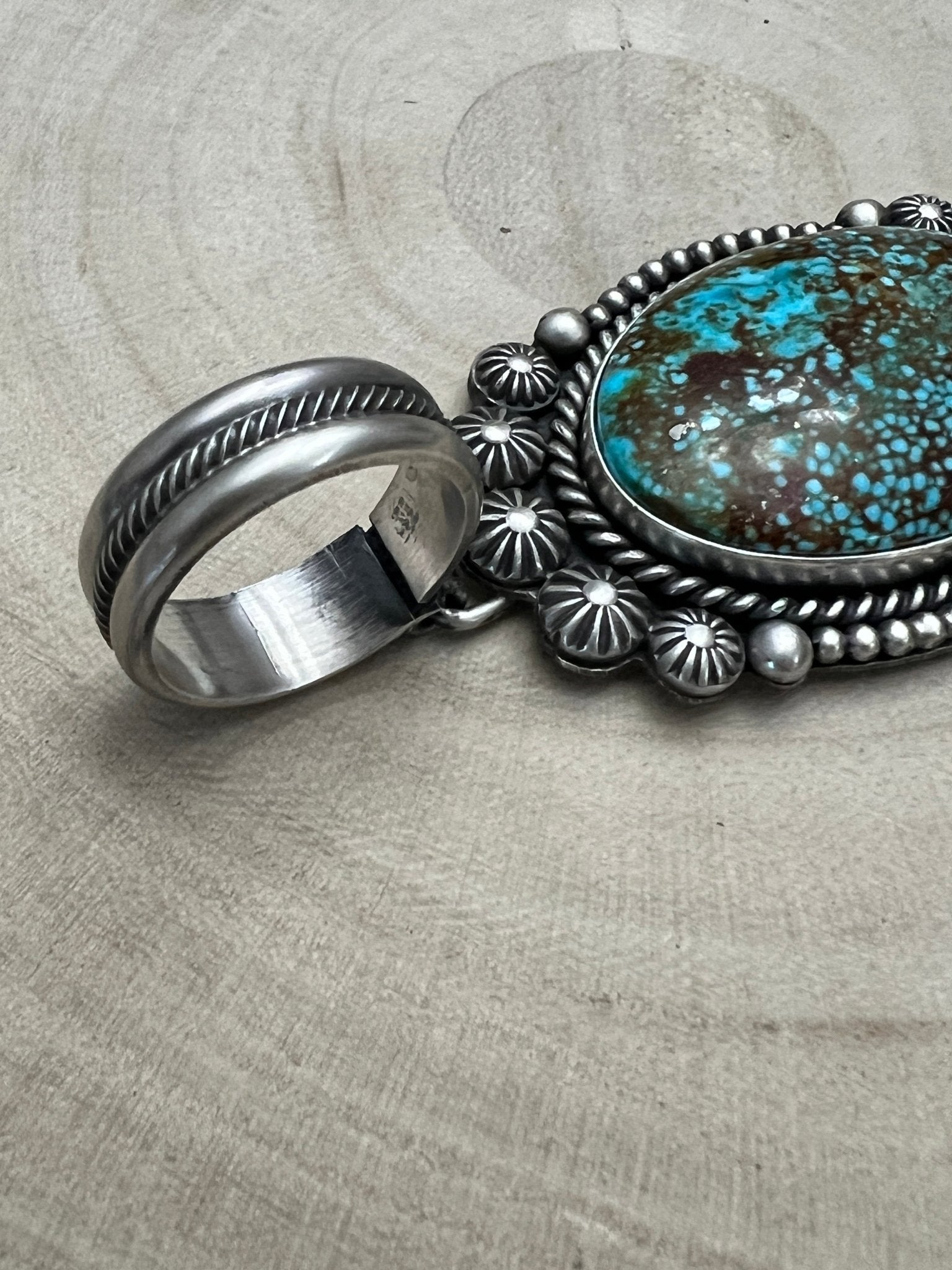 Michael Calladitto Navajo Sterling Silver Pendant with Kingman Turquoise — 3" × 1 1/4" (Hallmarked, Heirloom Flagship) - Cowhide and Conchos