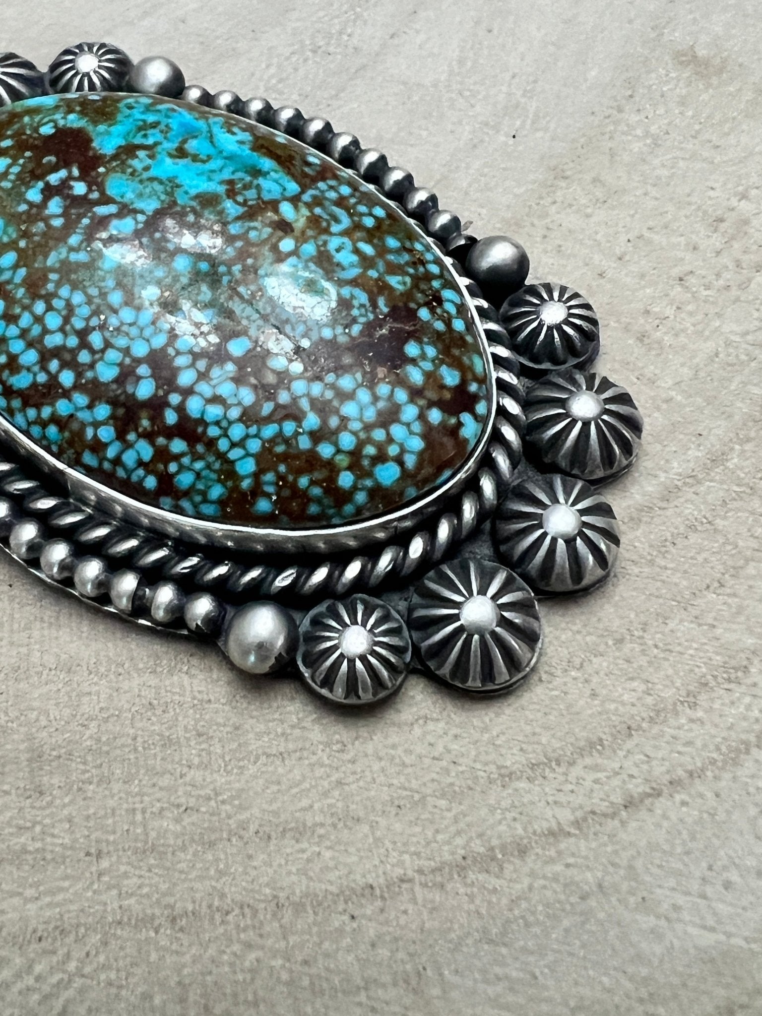 Michael Calladitto Navajo Sterling Silver Pendant with Kingman Turquoise — 3" × 1 1/4" (Hallmarked, Heirloom Flagship) - Cowhide and Conchos