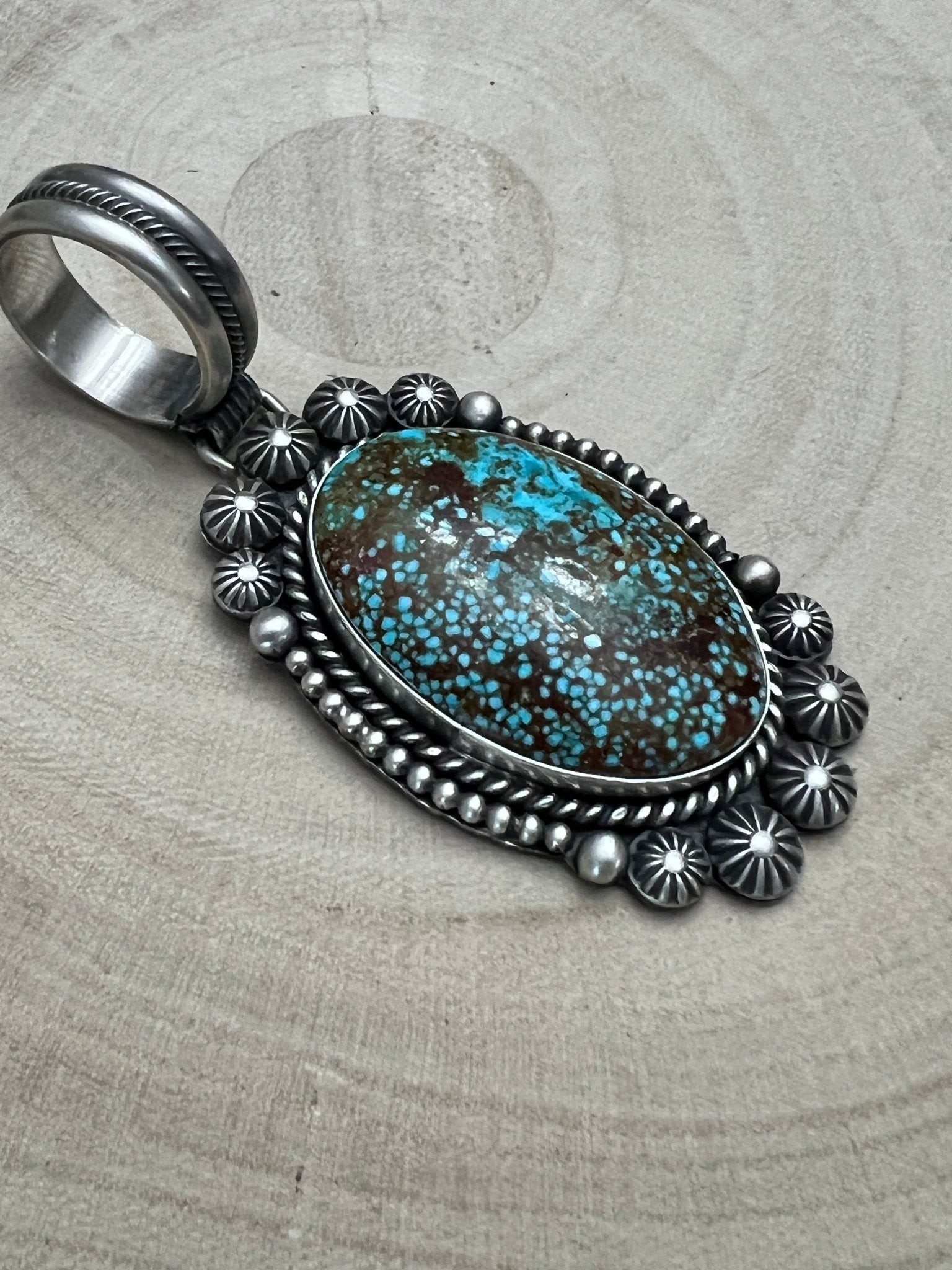 Michael Calladitto Navajo Sterling Silver Pendant with Kingman Turquoise — 3" × 1 1/4" (Hallmarked, Heirloom Flagship) - Cowhide and Conchos