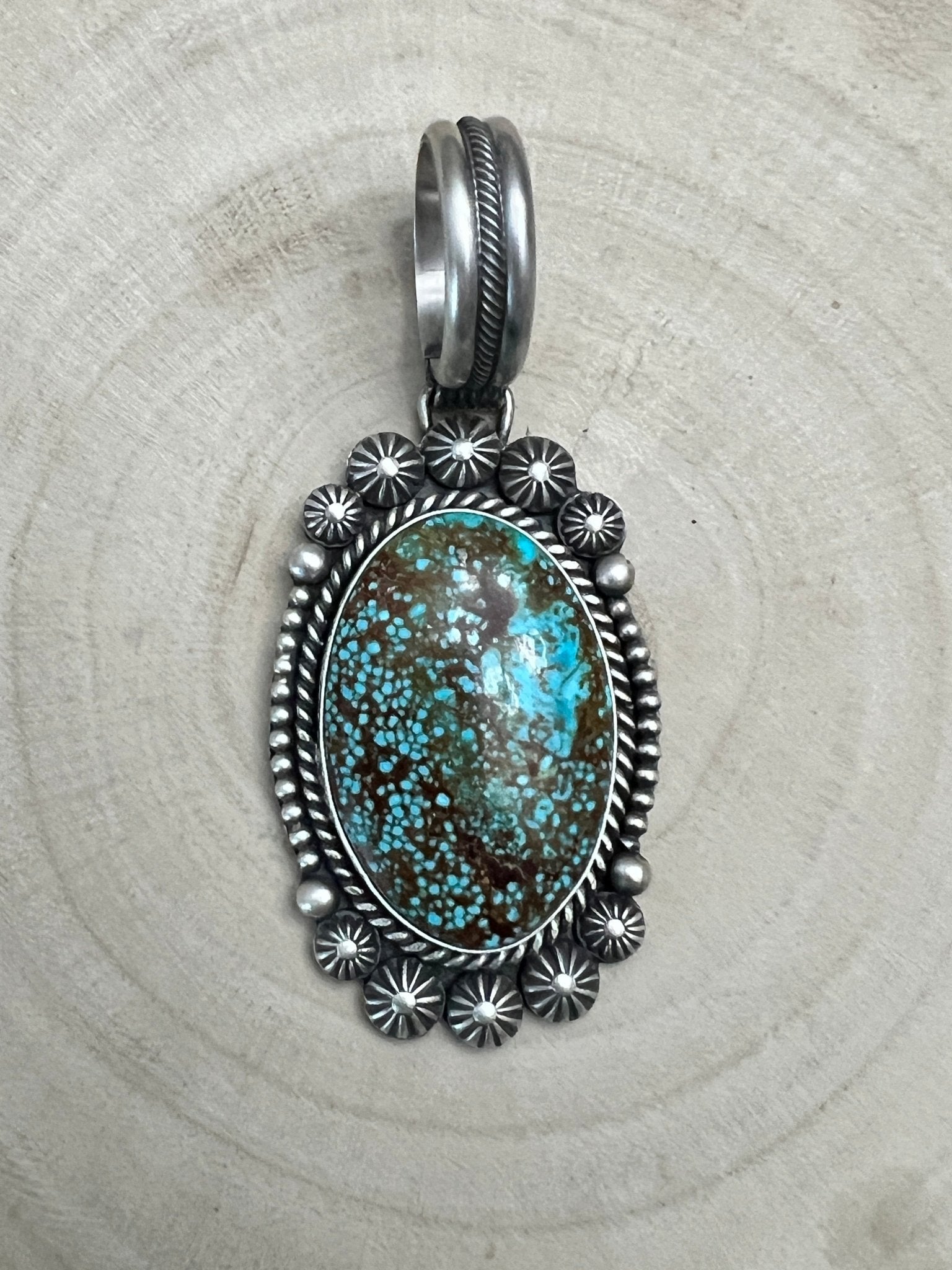 Michael Calladitto Navajo Sterling Silver Pendant with Kingman Turquoise — 3" × 1 1/4" (Hallmarked, Heirloom Flagship) - Cowhide and Conchos