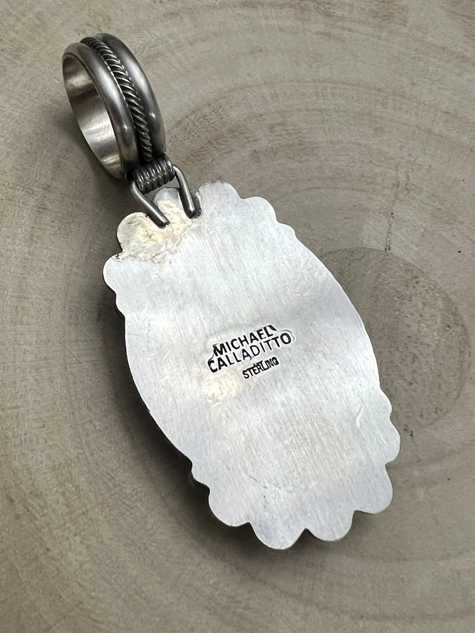Michael Calladitto Navajo Sterling Silver Pendant with Kingman Turquoise — 3" × 1 1/4" (Hallmarked, Heirloom Flagship) - Cowhide and Conchos