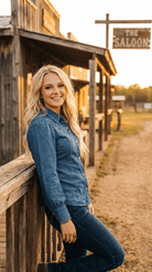 Mid Wash Denim Stretch Contrast Embroidered Long Sleeve Shirt - Cowhide and Conchos